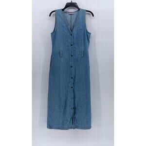 RAFAELLA Women’s Petite Vintage Blue V-Neck Sleeveless Button-Up Midi Dress SZ4P